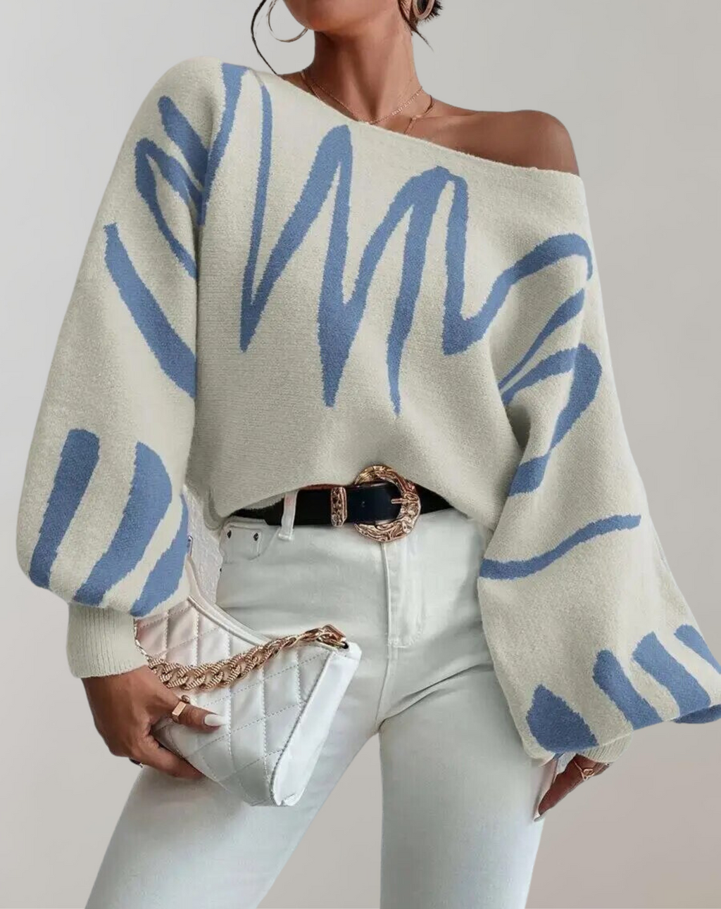Valenzora - Print Lantern Sleeve Off-Shoulder