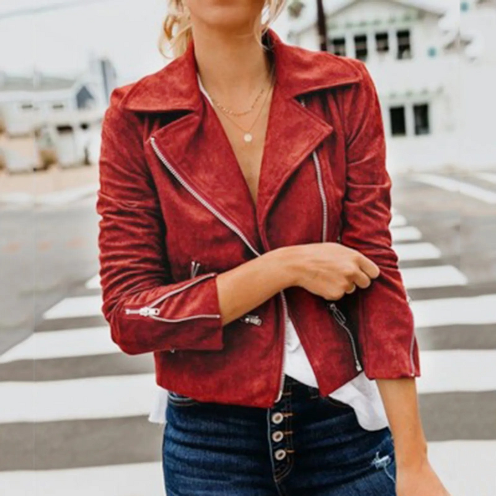 Valenzora | Sportlicher Stil rote Leder Schnalle Damen Sommerjacke