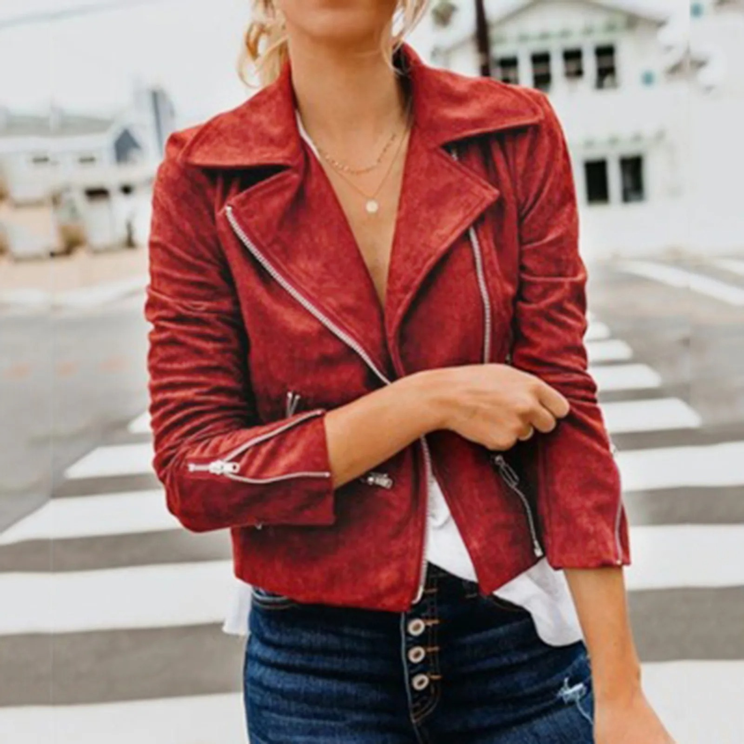 Valenzora | Sportlicher Stil rote Leder Schnalle Damen Sommerjacke