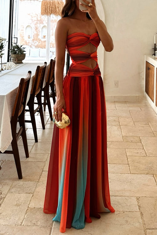 Valenzora | Strapless Twist Front Cut Out Coloured Mesh Maxi Dress