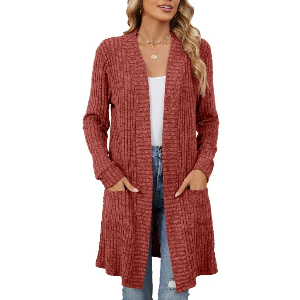 Valenzora | Long Women's Ribbed Open Front Cardigan with Pockets