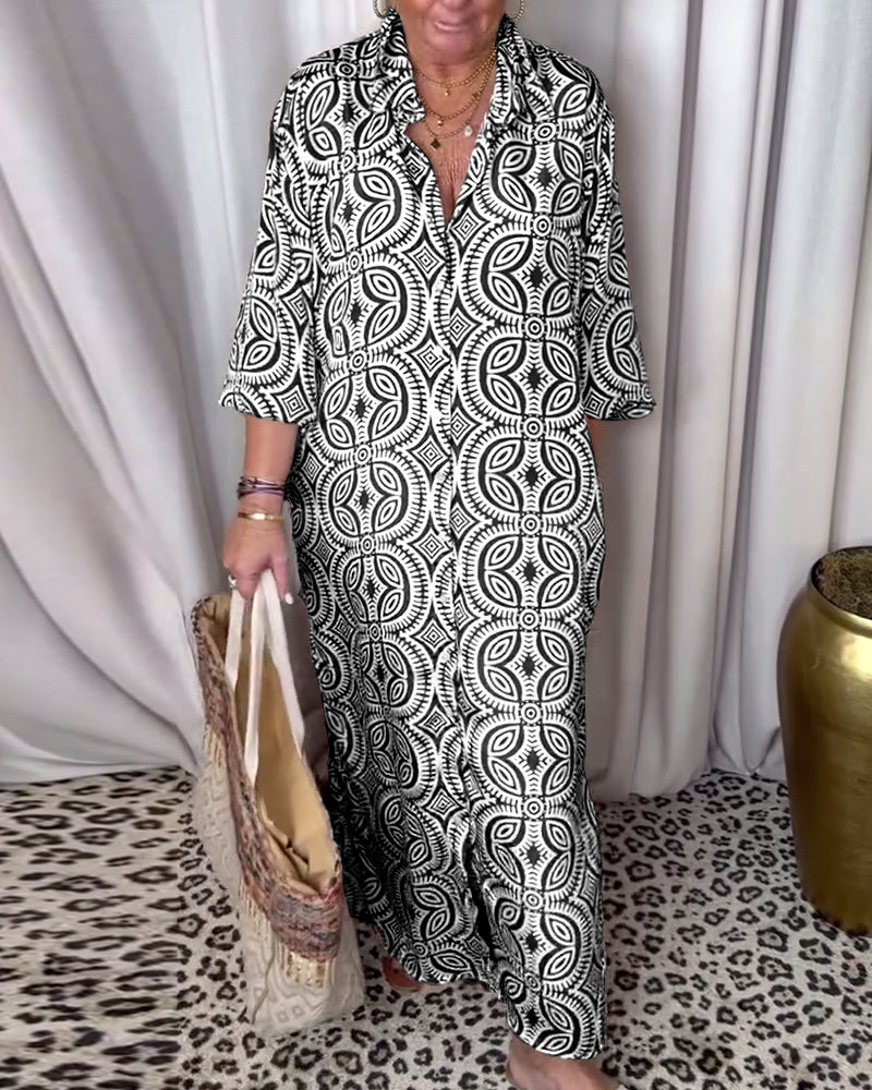 Valenzora | Vintage Printed Maxi Dress with Lapel Pockets