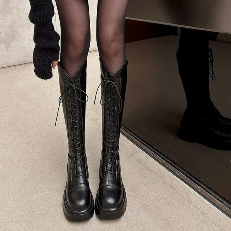 Valenzora | High Boots Damen Stiefel mit Schnürung und stabilem Absatz