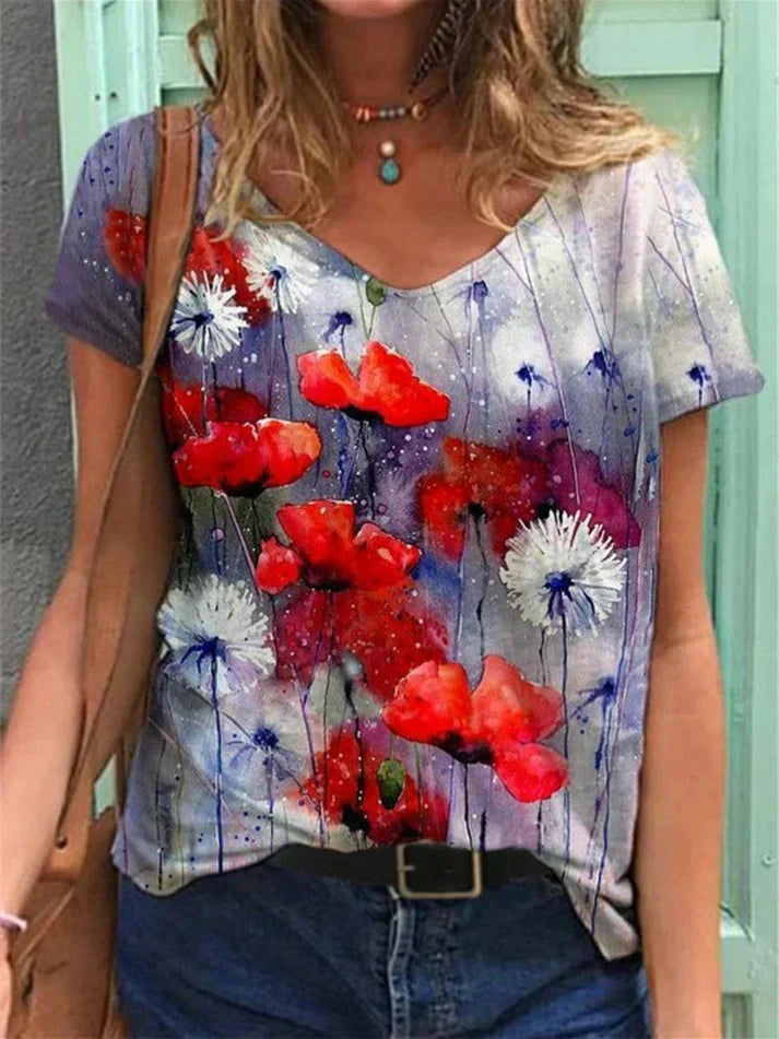 Valenzora | V-Ausschnitt-Shirt mit floraler Bemalung