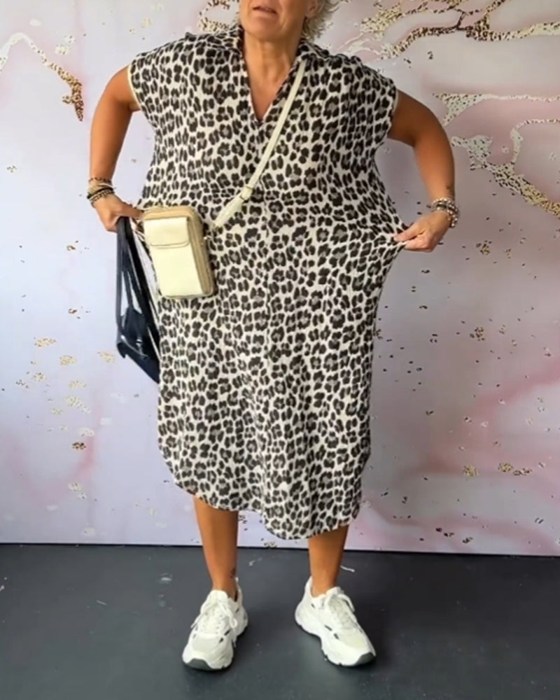 Valenzora | Short-sleeved dress with leopard print and V-neck