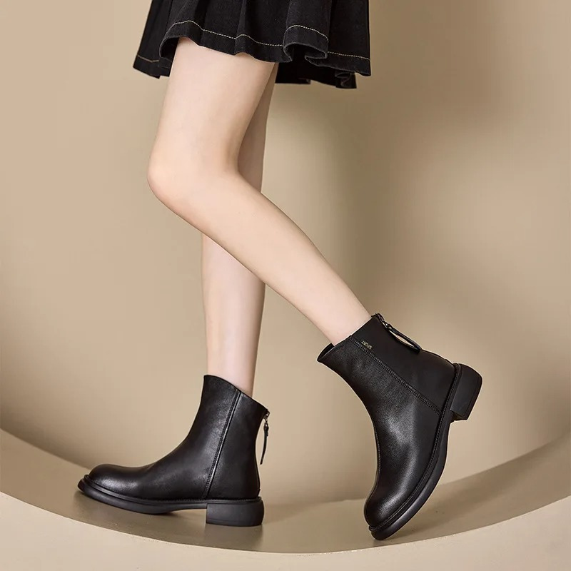 Valenzora | Women's Leather Ankle Boots with Back Zipper and Low Heel