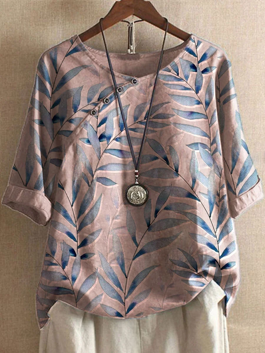 Valenzora | Leisure T-shirts made of cotton and linen, with summer floral motifs and buttons