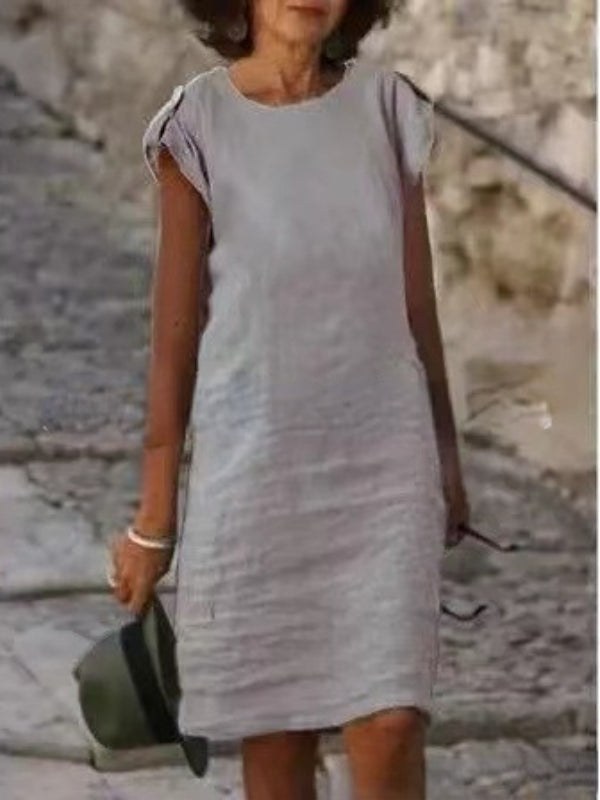 Valenzora | Damen-Midikleid aus farbenfroher Baumwoll-Leinen-Mischung, ärmellos mit Rundhalsausschnitt