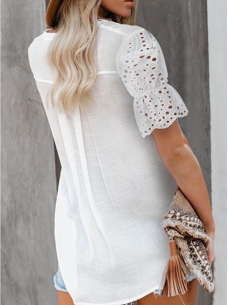 Valenzora | Casual V-neck short lace sleeve top