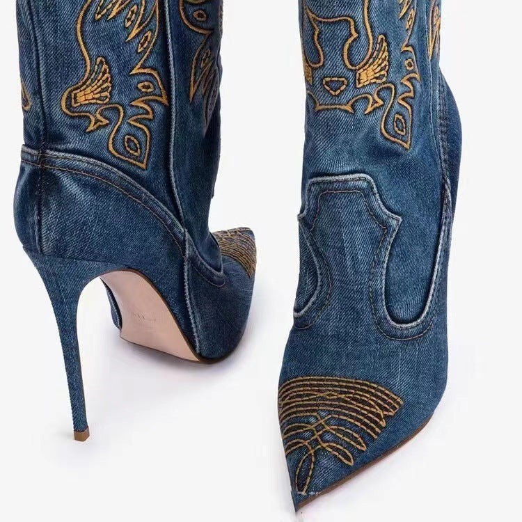 Valenzora | Women's Fashion Western Denim Style High Heels Boots