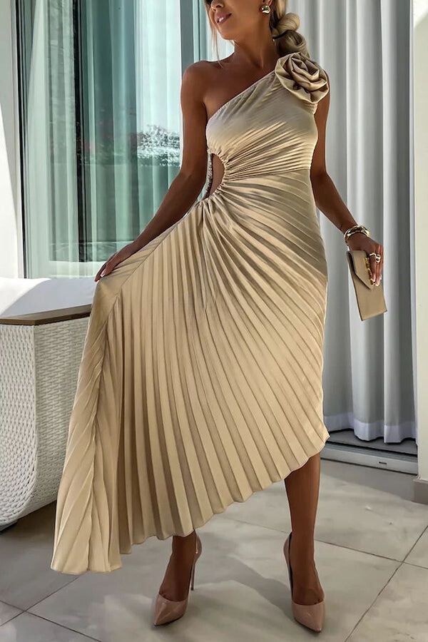 Valenzora | Romantische Nächte Satin Sublime Geblümt Elastisches Cutout One-Shoulder Plissiertes Maxikleid