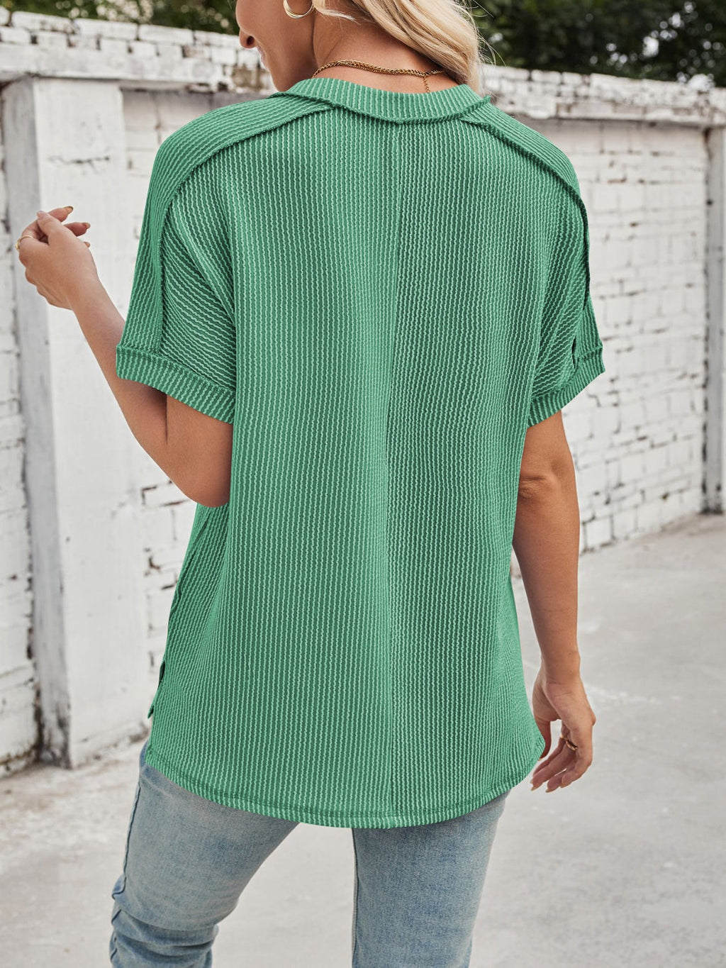 Valenzora | Corduroy V-neck short-sleeved T-shirt