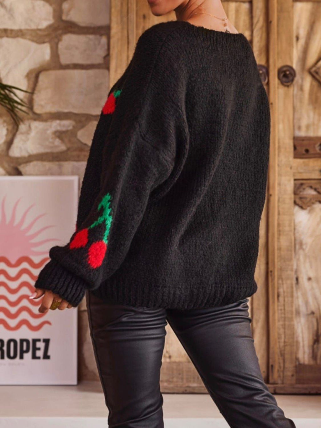 Valenzora | Bound Cherry Round Neck Long Sleeve Cardigan