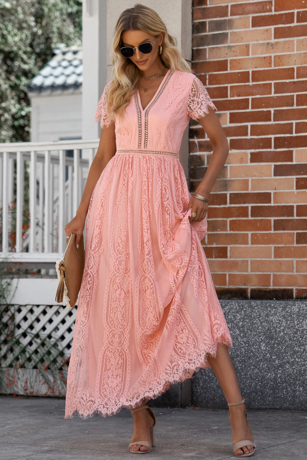 Valenzora | Lace Plunge Dress with Wavy Hem