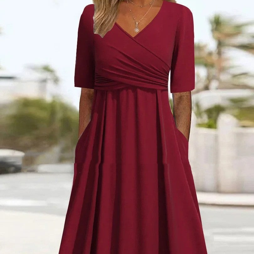 Valenzora | Blue, simple midi dress with V-neck