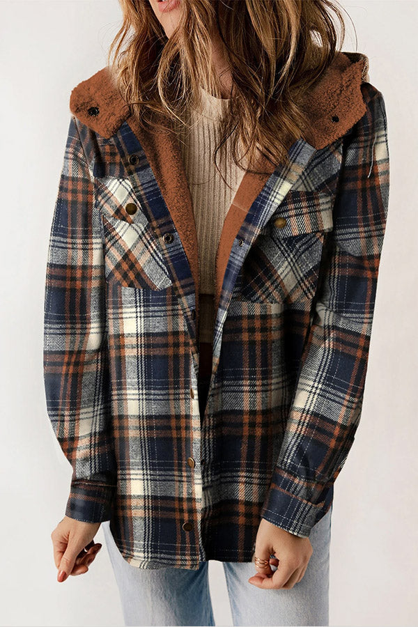 Valenzora | Snap Button Sherpa Fleece Lined Hooded Flannel Jacket