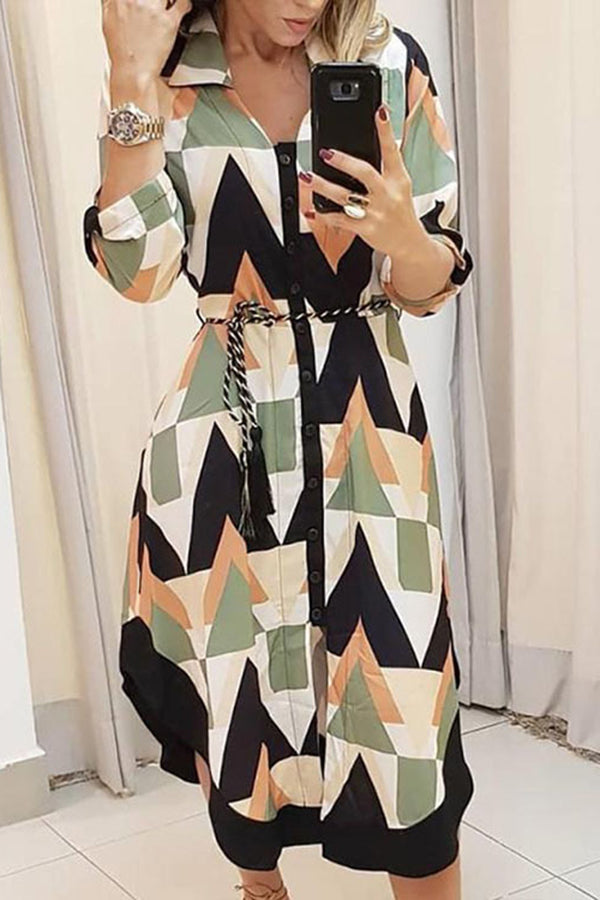 Valenzora | Find Yourself Good Printed Belt Shirt Midi Dress