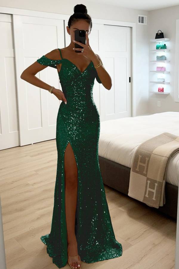Valenzora | Sequined Lace Mermaid Prom Dresses with Slit Off-Shoulder Evening Dress