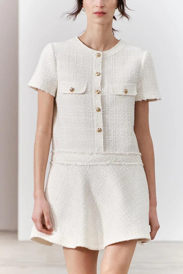 Valenzora | 1960s London Girl Tweed Textured Short-Sleeved Dress with Gold Buttons and Pockets