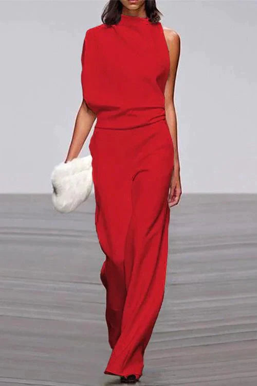 Valenzora | Rosiedress Party-Overall mit Wasserfallausschnitt, One-Shoulder und Fledermausärmeln