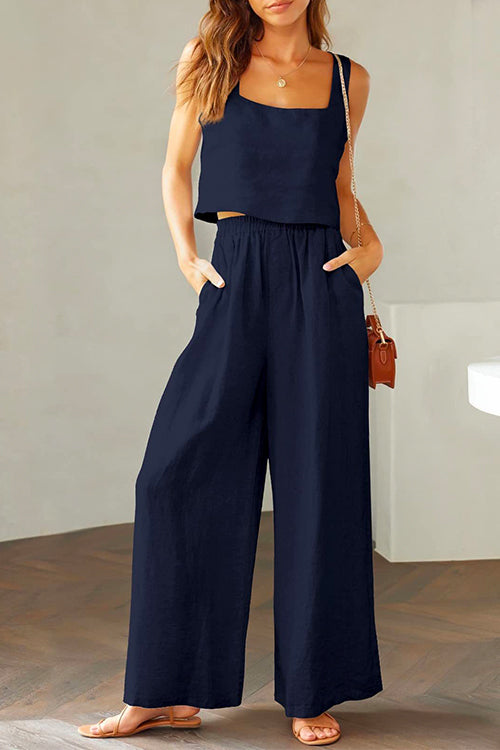 Valenzora | Rosiedress Square Collar Cami Crop Top Wide Leg Trousers Cotton Linen Set