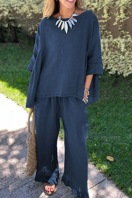 Valenzora | Rosiedress Cotton Linen 3/4 Sleeve Sweater Top Wide Leg Trousers Ruffled Hem Set