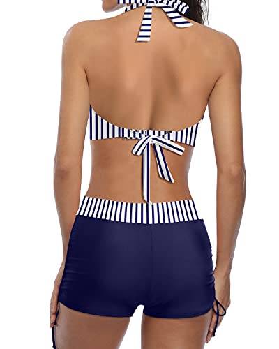 Valenzora | Sportlicher zweiteiliger Badeanzug mit Push-up Bikini und Boyshorts, blau-weiß gestreift