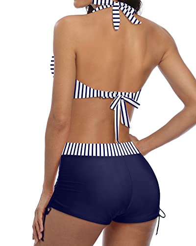 Valenzora | Sportlicher zweiteiliger Badeanzug mit Push-up Bikini und Boyshorts, blau-weiß gestreift