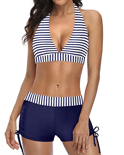 Valenzora | Sportlicher zweiteiliger Badeanzug mit Push-up Bikini und Boyshorts, blau-weiß gestreift