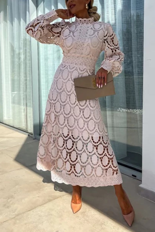 Valenzora | Rosiedress Mockneck Puff Sleeve Lace Hollow Out Mid Dress