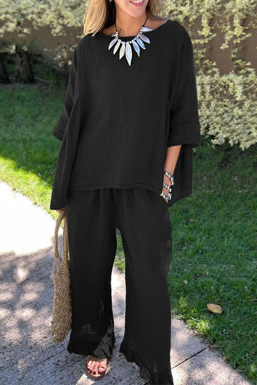 Valenzora | Rosiedress Cotton Linen 3/4 Sleeve Sweater Top Wide Leg Trousers Ruffled Hem Set