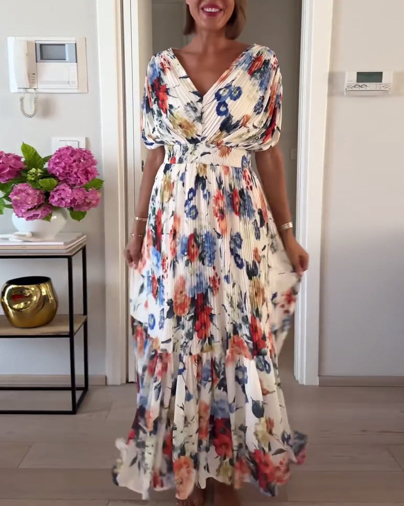 Valenzora | Beautiful Elegant Pleated Dress with Floral Pattern