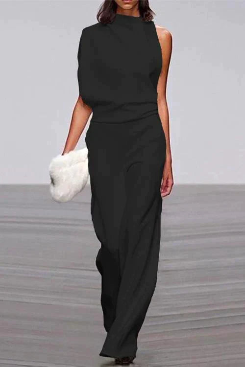 Valenzora | Rosiedress Party-Overall mit Wasserfallausschnitt, One-Shoulder und Fledermausärmeln