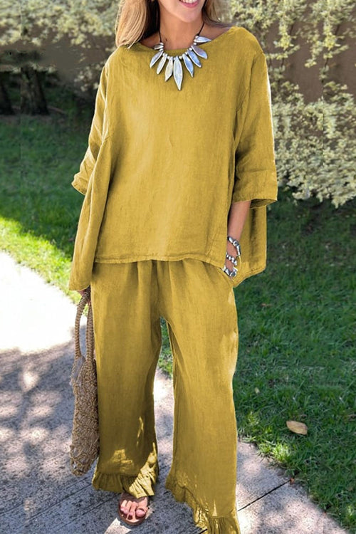 Valenzora | Rosiedress Cotton Linen 3/4 Sleeve Sweater Top Wide Leg Trousers Ruffled Hem Set
