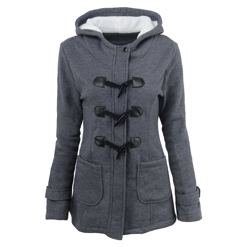 Women's duffle coat with hood and practical pockets, size
