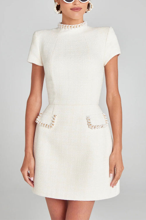 Valenzora | Rosiedress Mockneck Perlenbesatz Figurbetontes Tweed-Minikleid