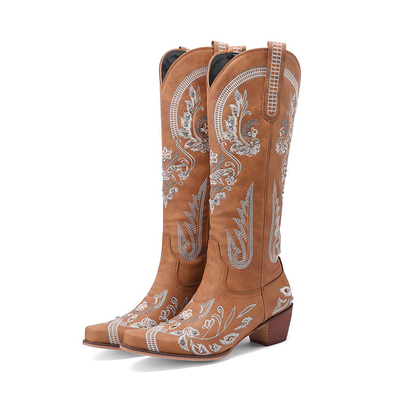 Valenzora | Bestickte Western-Denim-Retro-Kniehohe Stiefel für Damen