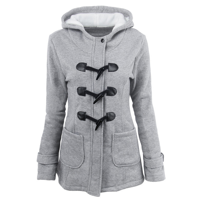 Women's duffle coat with hood and practical pockets, size