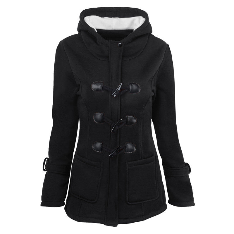 Women's duffle coat with hood and practical pockets, size