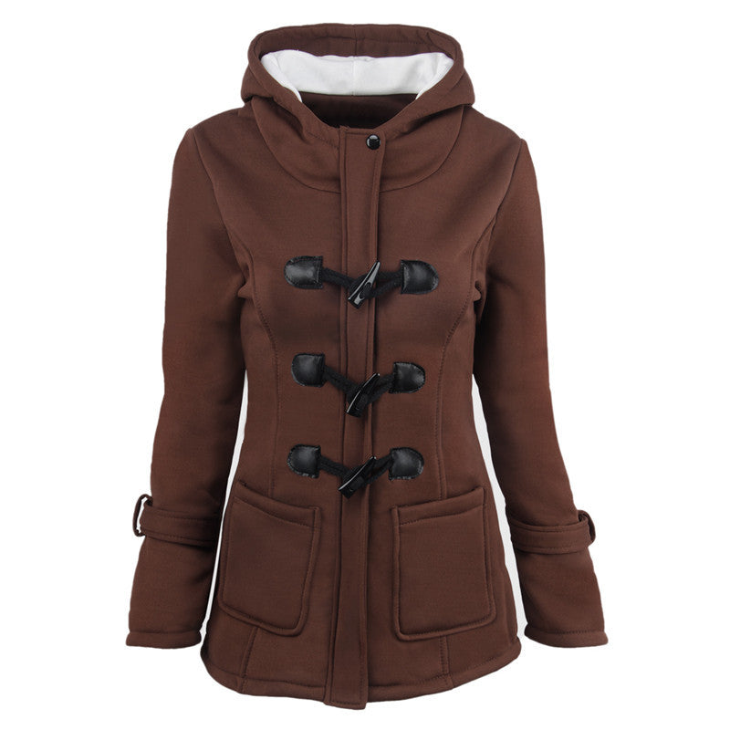 Women's duffle coat with hood and practical pockets, size