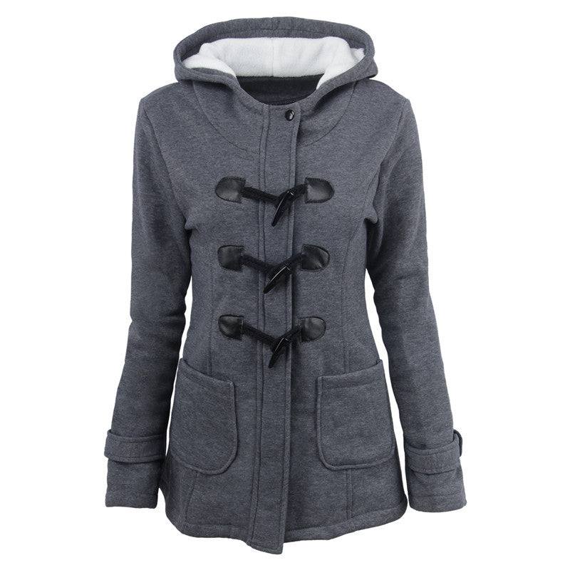 Women's duffle coat with hood and practical pockets, size