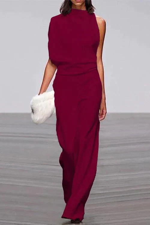 Valenzora | Rosiedress Party-Overall mit Wasserfallausschnitt, One-Shoulder und Fledermausärmeln