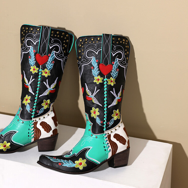 Valenzora | Denim Western Shoes Women's Leather Boots Fantastic Embroidery