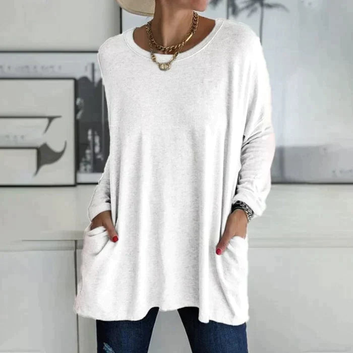 Valenzora | Fashionable tunic top with pockets - Relaxed fit, round neck, long sleeves