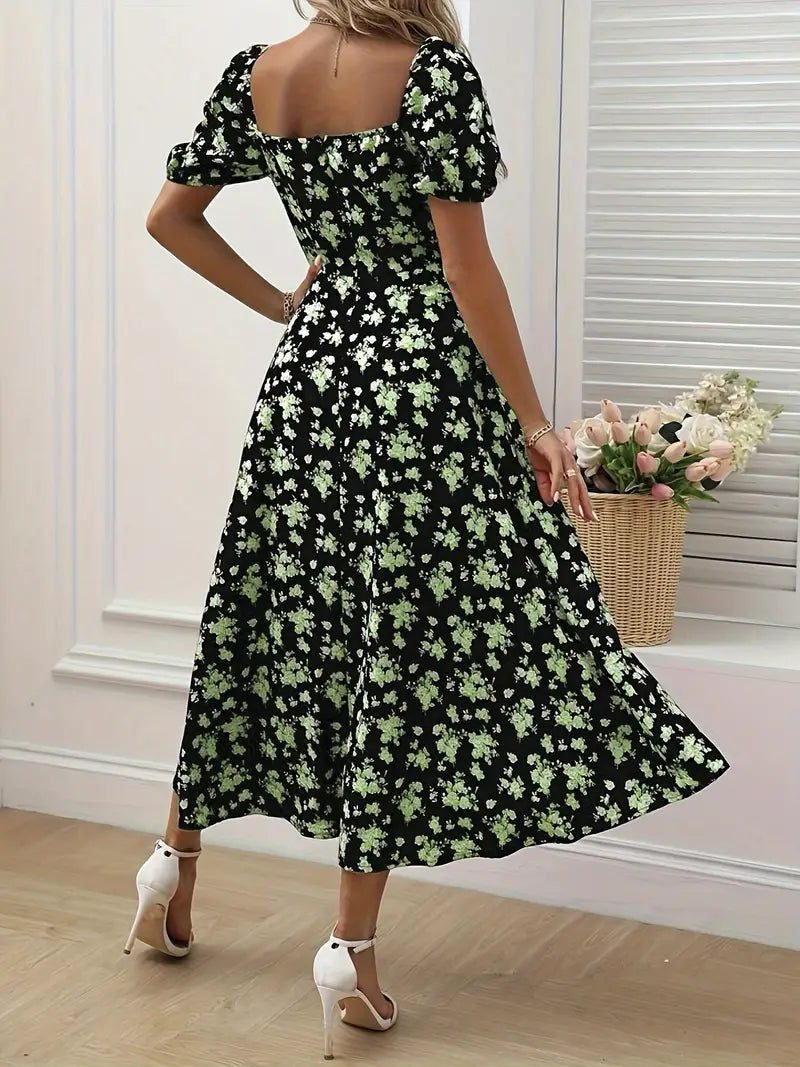 Valenzora | Chic dress with puff sleeves in an A-line style with floral print