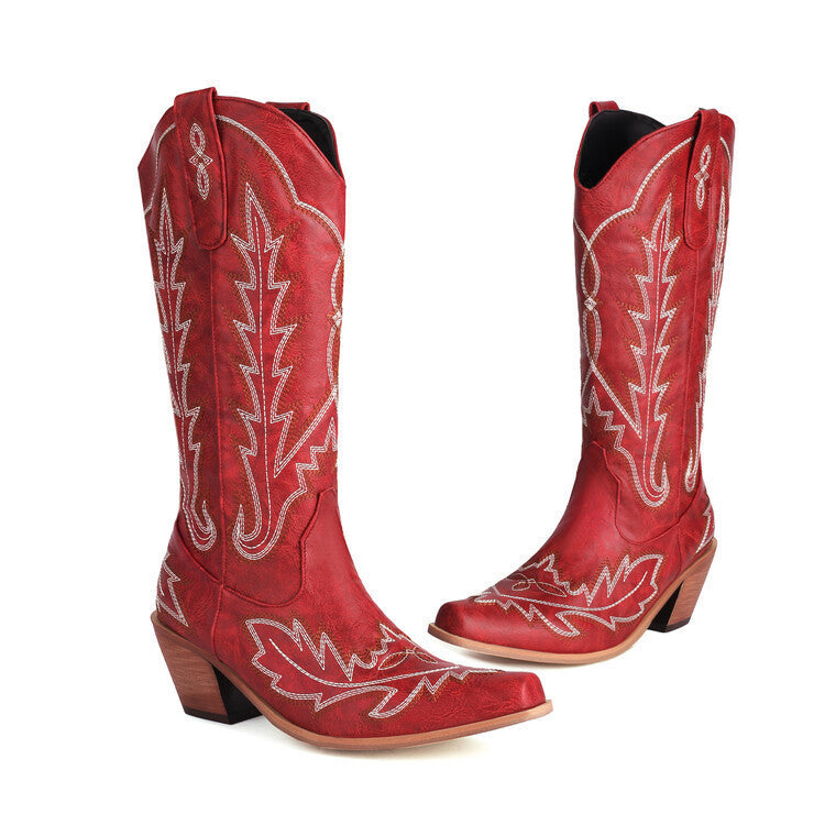 Valenzora | Embroidered Long Knee-High Boots Pointed Toe Chunky Heel High Heel