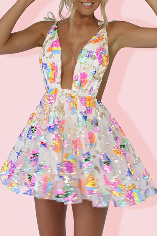 Valenzora | V-Ausschnitt Offener Rücken Pailletten Blumen Bindekleid A-Linie Minikleid