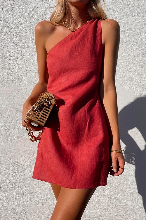 Valenzora | Rosiedress One Shoulder Solid Cotton Linen Mini Dress