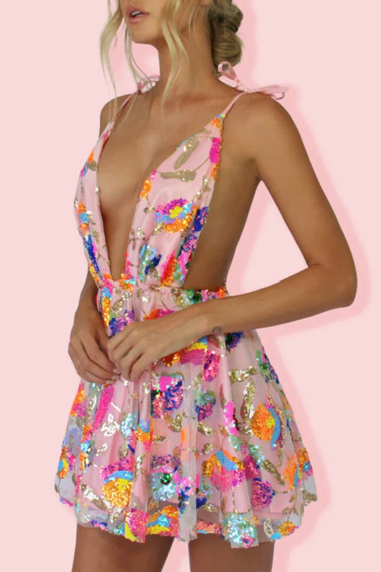 Valenzora | V-Ausschnitt Offener Rücken Pailletten Blumen Bindekleid A-Linie Minikleid