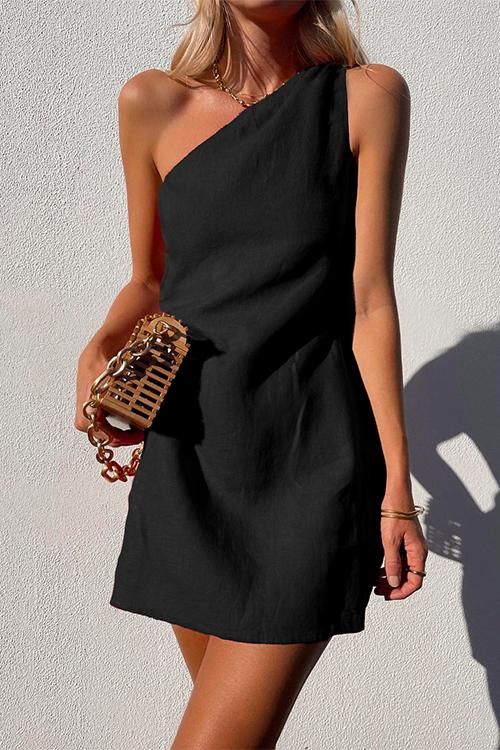 Valenzora | Rosiedress One Shoulder Solid Cotton Linen Mini Dress